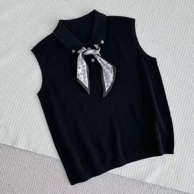 Women's Fashionable Summer 2026 Knitwear with Scarf Sleeveless Small Collar Trendy High-End Base Shirt Top