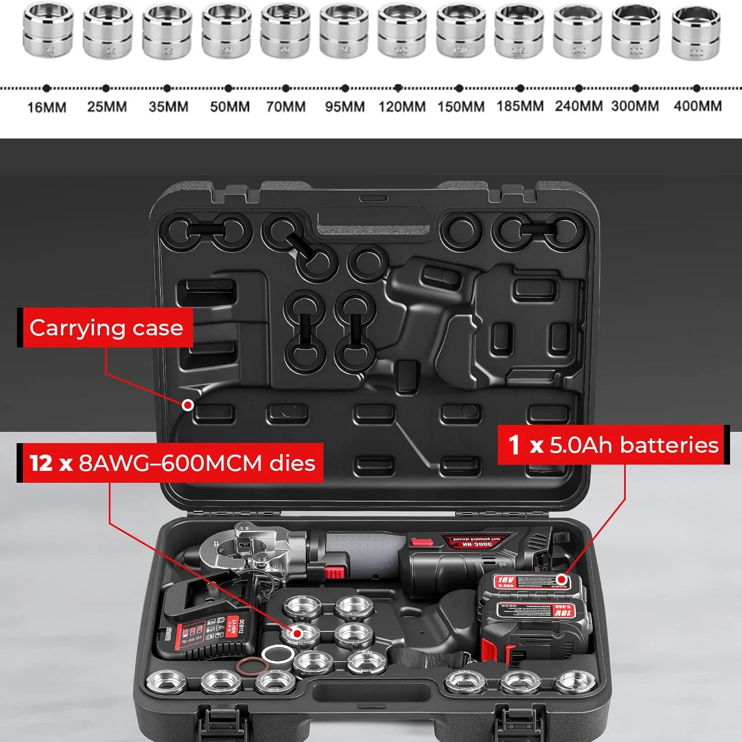 Hydraulic Crimping Tool Electric Crimper Kit with 12 Dies, Crimping Plier for 6AWG to 800MCM Copper Aluminum Nose Wire Terminals