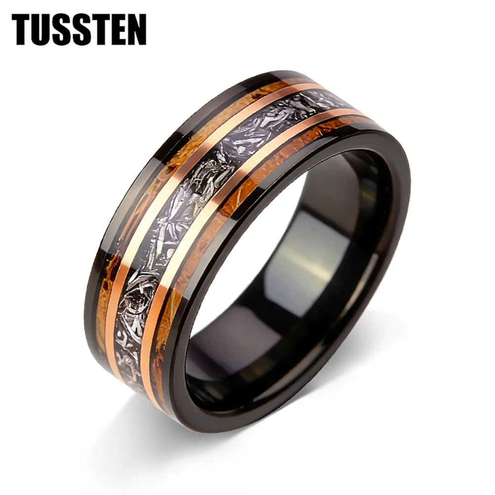 TUSSTEN 8MM Men's and Women's Wedding Tungsten Ring Inlaid Wood And Meteorolite Inlay Comfortable Fit