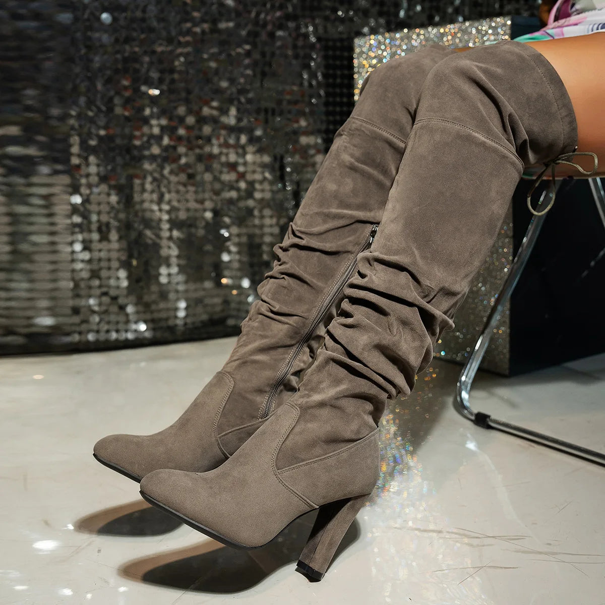 Comemore Women Shoes Suede Pleated Over The Knee High Boots Autumn Winter Sexy Solid Color Round Toe Heeled Thigh High Botas