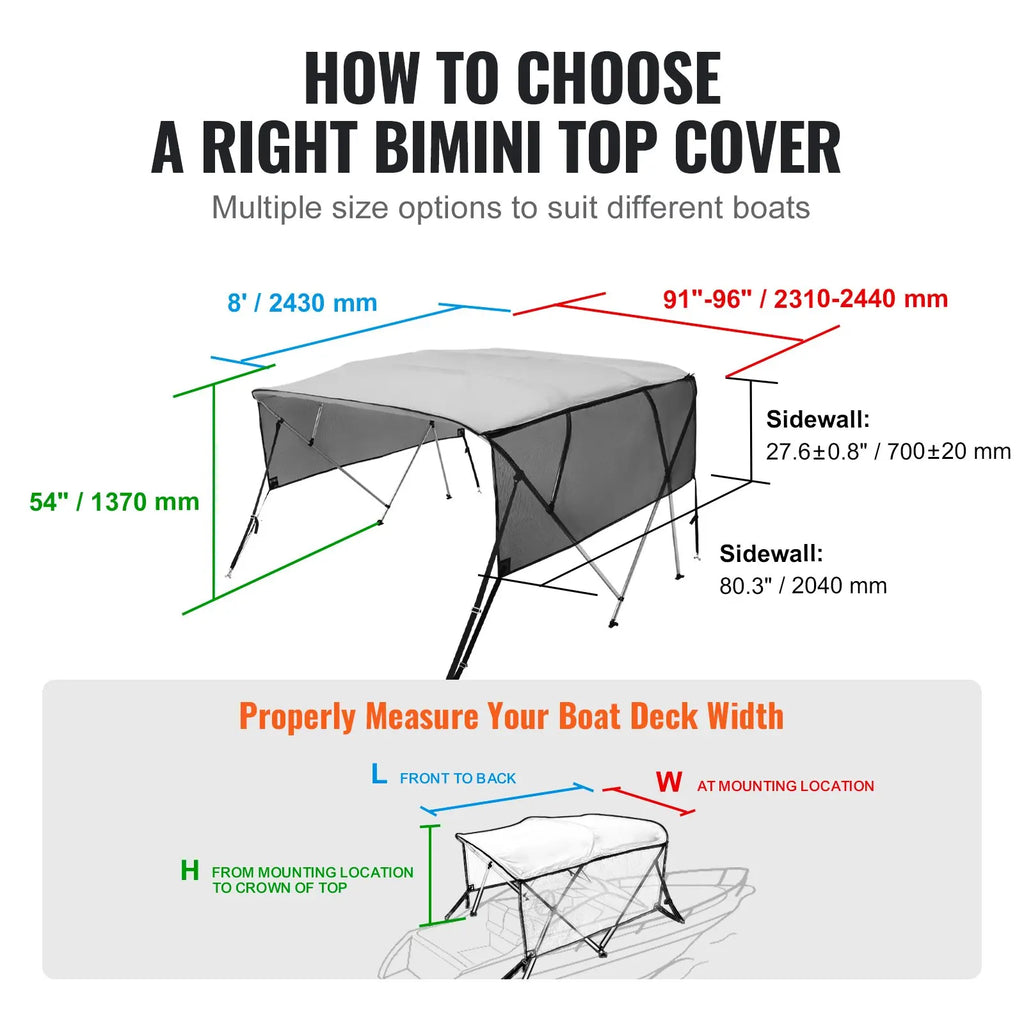 Bimini for 4-Beam Boat, Sun Tarp 243X137X231-244 Cm, Aluminum Frame 600D Polyester Canvas, Side Walls in
