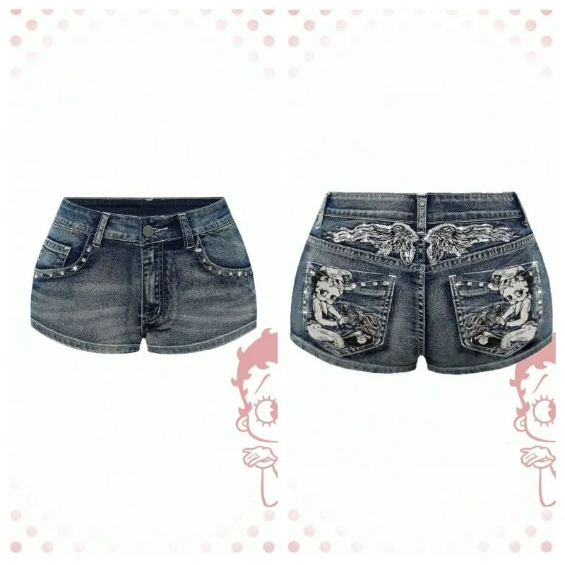 Women's Blue Denim Shorts Y2k Jeans Harajuku American Vintage High Waist Jorts Casual Jeans 2000s Embroidery Sexy Clothes Summer