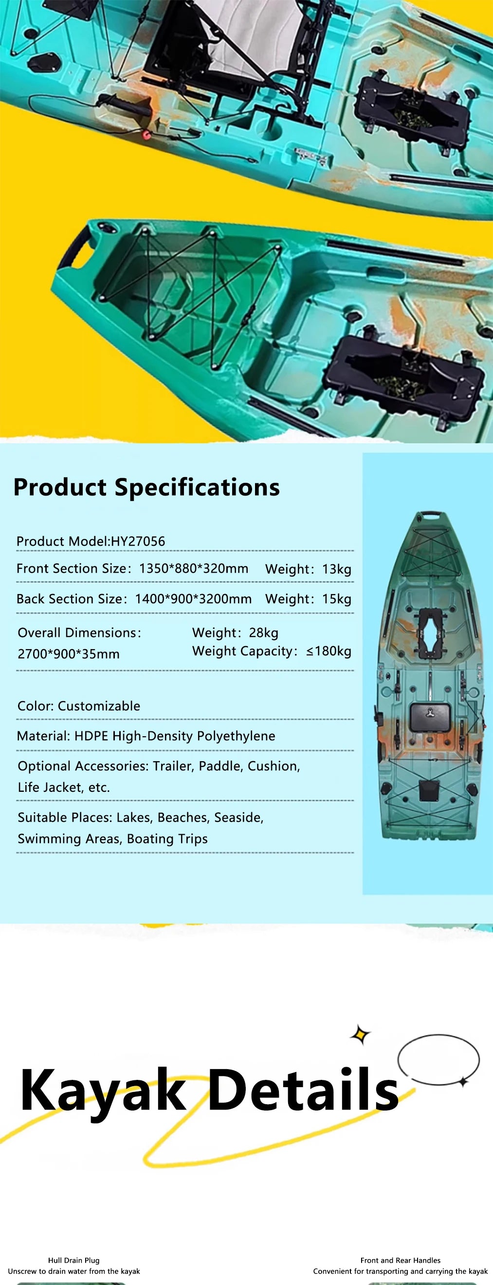 Modular Kayak Electric Pedal Driven HDPE Fishing Boat Portable Take Apart Canoe Motorized Lightweight Durable Accessories Gear