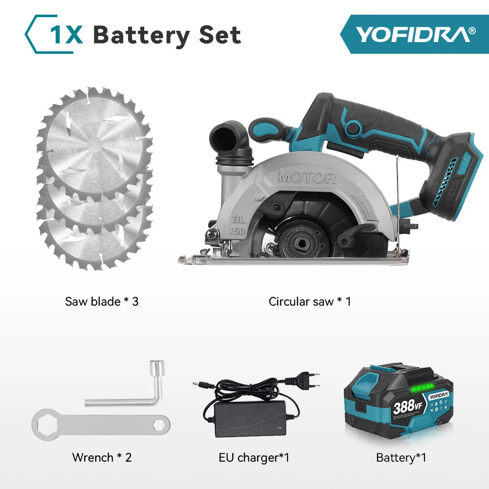 YOFIDRA Scie circulaire électrique sans balais 6 pouces, outil de coupe portatif pour bois et tuyaux en PVC avec profondeur de coupe de 55 mm, compatible batterie Makita