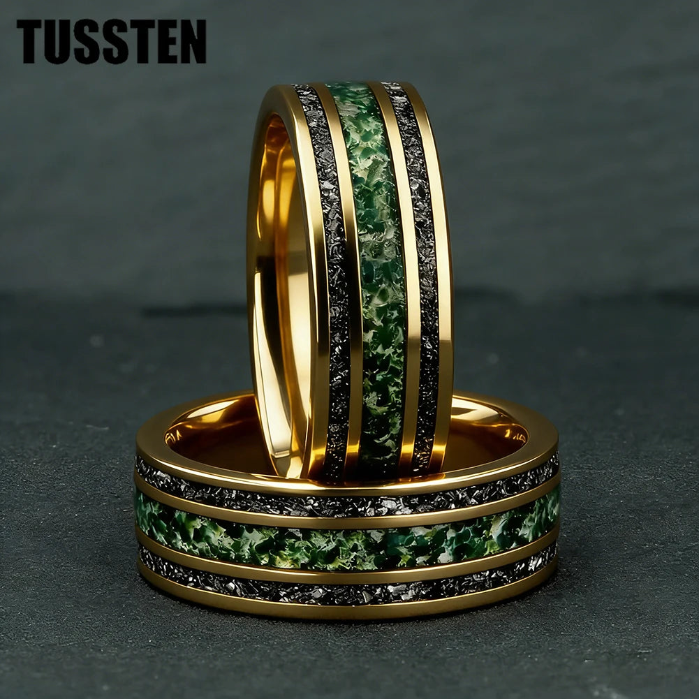 TUSSTEN 8MM Men's and Women's Wedding Tungsten Ring Inlaid Moss Agate And Meteorolite Inlay Comfortable Fit