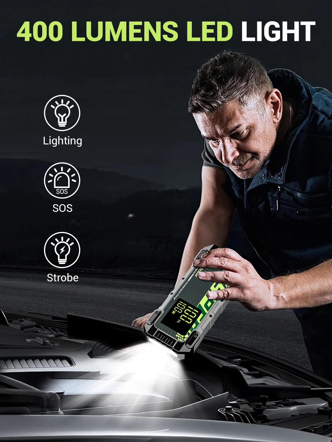 Démarreur de batterie de voiture YESPER 4000A – Démarreur 12V 24000mAh, batterie externe portable pour moteurs essence et diesel 10L, démarrage d'urgence automatique