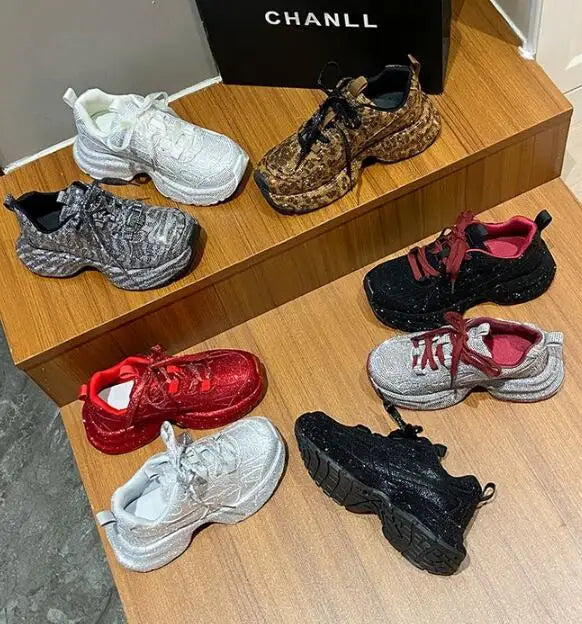 Luxury Women Bling Running Shoes Chunky Sneakers Fashion Casual Genuine Leather Breathable Height Increased Flat Platform Shoe