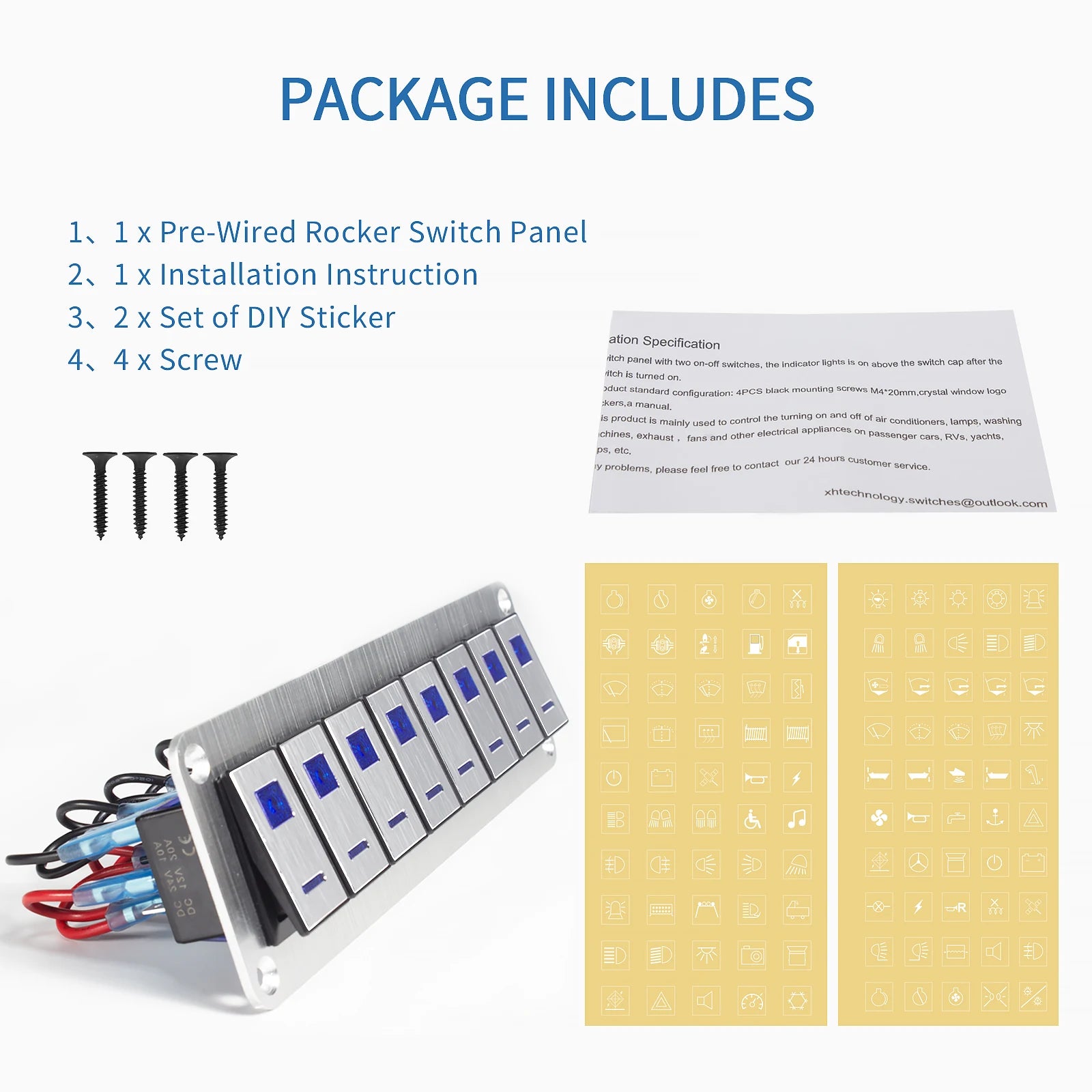 Durable metal 2-8Gang rocker switch panel with LED light, waterproof and overload protection for car card, vehicle and vessel