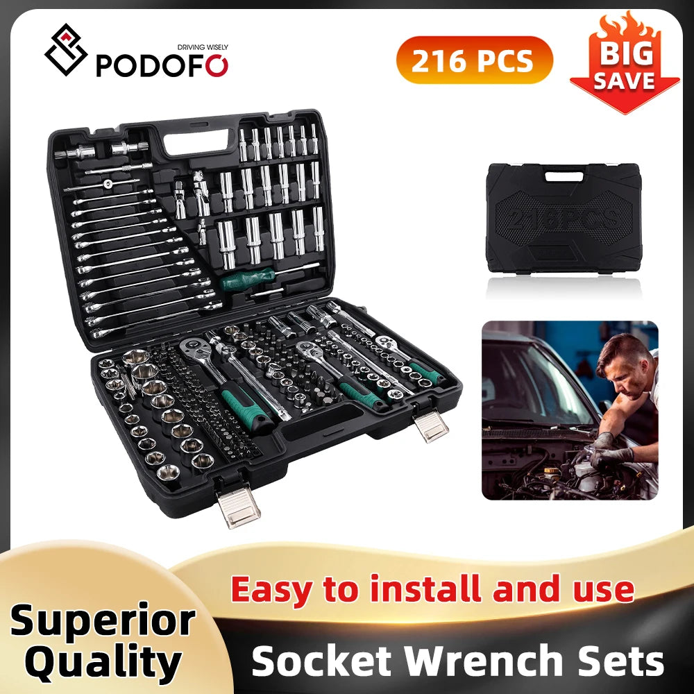 Podofo Socket Wrench Sets 214pcs 1/4inch 3/8inch 1/2inch 24-tooth Ergonomic Ratchet Wrench Mechanic Tool Set for Auto Repairing