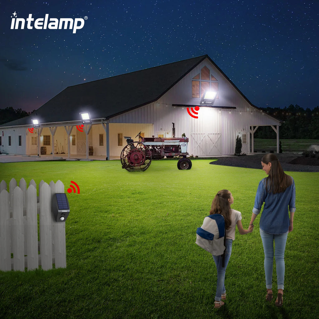 Intelamp 20000mAh Solar Flood Lights Outdoor Super Larger Solar Panel 4000LM Linkable Three Motion Sensor For Garden Yard Garage