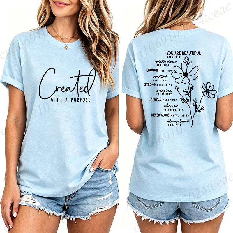 Fashion Women T Shirts Created with A Purpose Print Short Sleeve T-Shirt Faith Aesthetic Tee T-Shirts Inspirational Shirts Tops