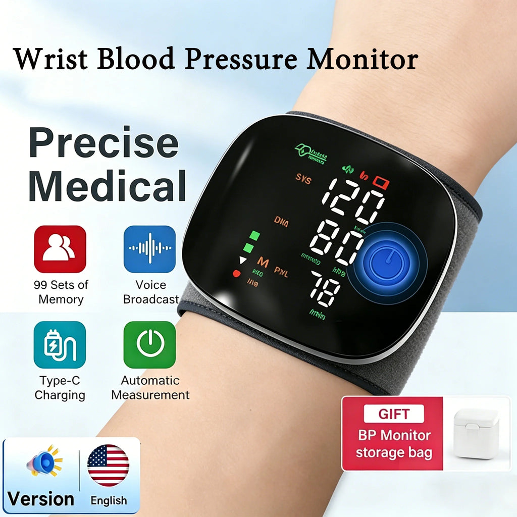 Medical Rechargeable Wrist Blood Pressure Monitor LED Display Fast Measurement Digital Tensiometer BP Tonometer Heart Rate Meter