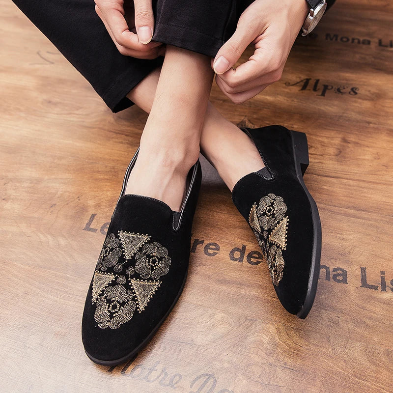 Designer Embroidery Leather Luxury Casual Formal Driving Dress Black Loafers Mens Moccasin Italian Wedding Office Shoes for Men