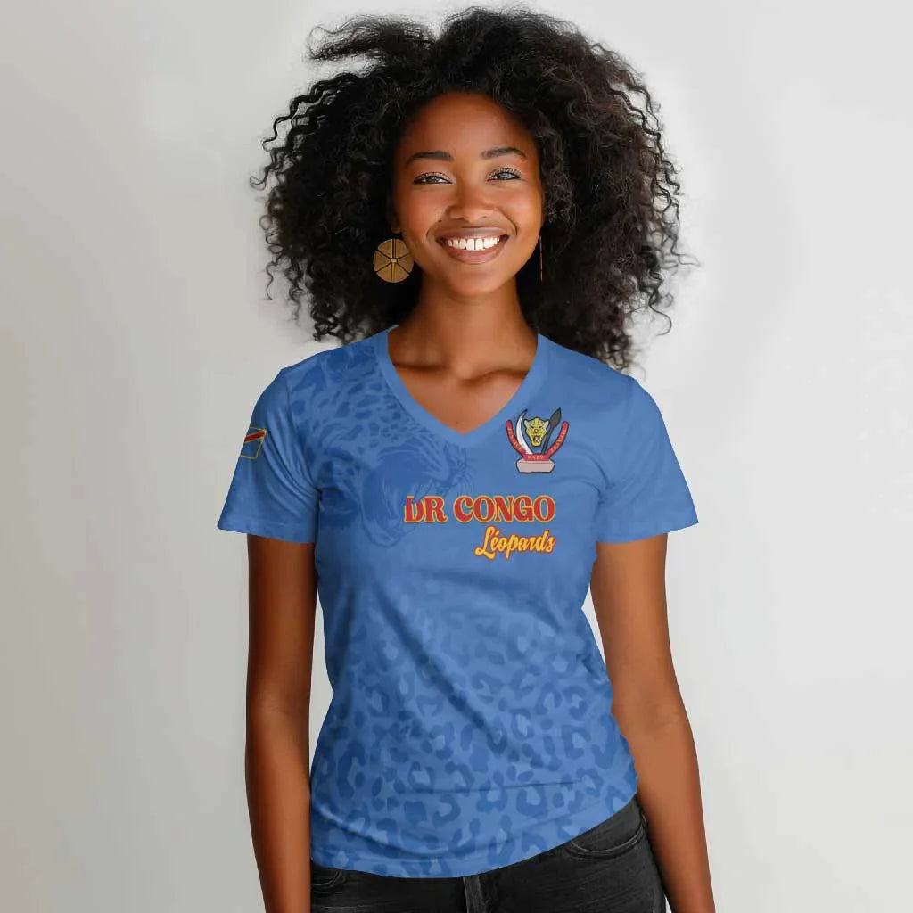 Democratic Republic of Congo Women's Blue Sweatshirt, V-neck T-shirt, Printed, Retro Minimalist Style Women's T-shirt Top
