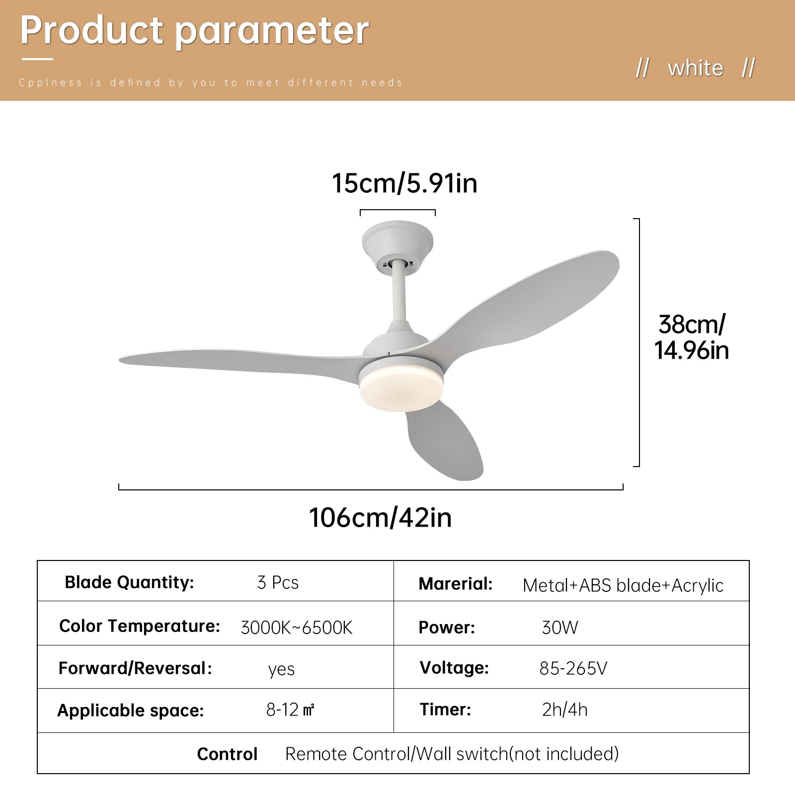 Ventilateur de plafond avec lumière, Ventilateur de plafond discret de 25 pouces/42 pouces/52 pouces avec télécommande, Pour intérieur et extérieur couvert