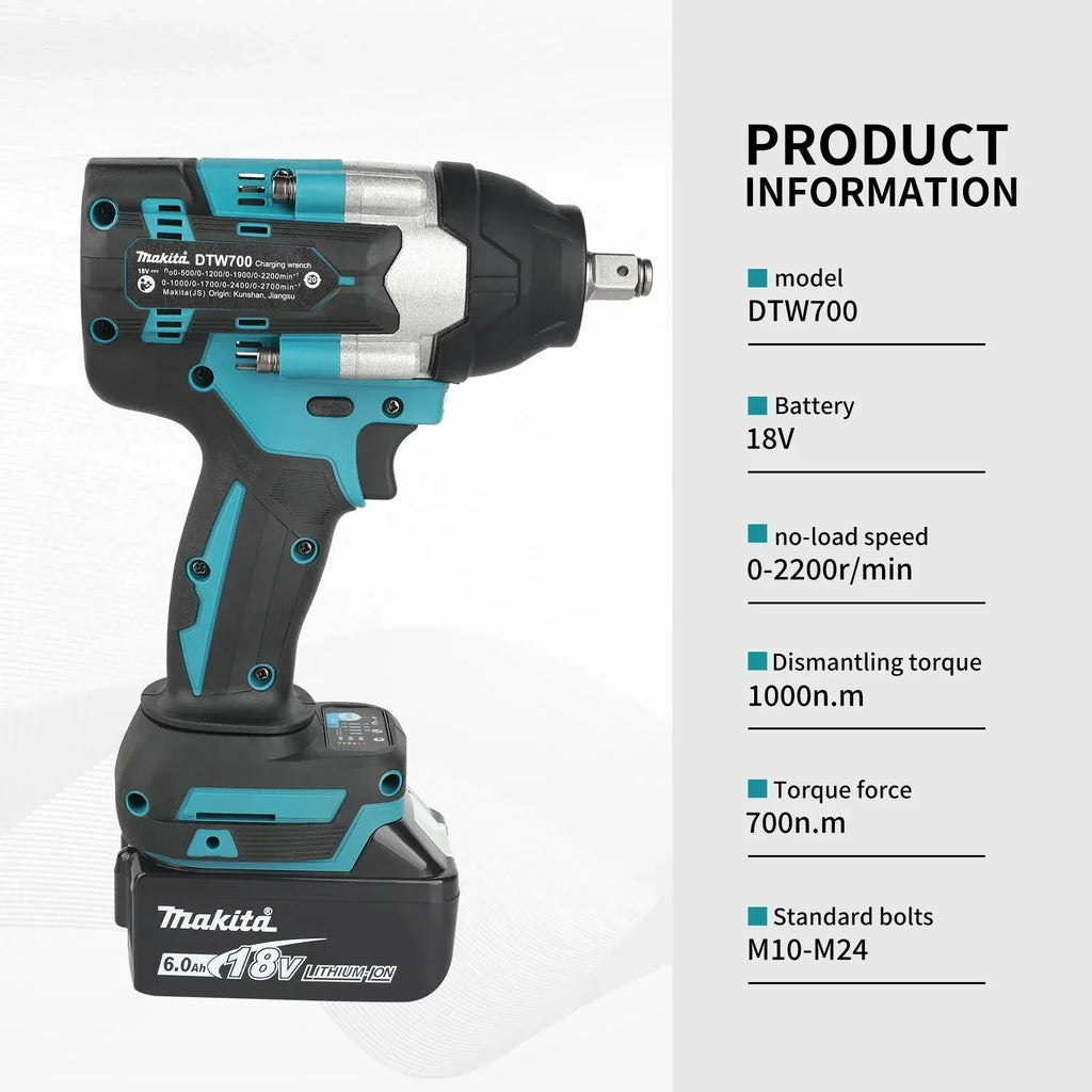New Makita DTW700 1000N.M Torque Brushless Electric Impact Wrench Cordless Electric Drill 1/2"Wrench Power Tools For 18V Battery