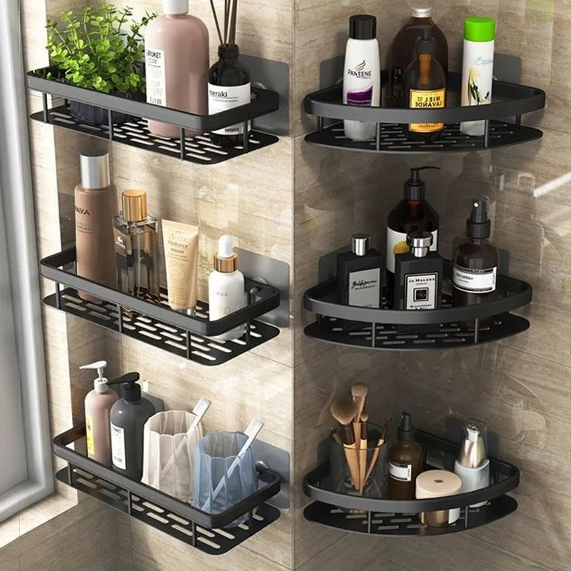 Organisateur de Rangement Étagère de Douche Étagère de Salle de Bain en Alliage d'Aluminium Support de Shampooing Maquillage Accessoires de Salle de Bain Étagère d'Angle Murale Sans Perçage