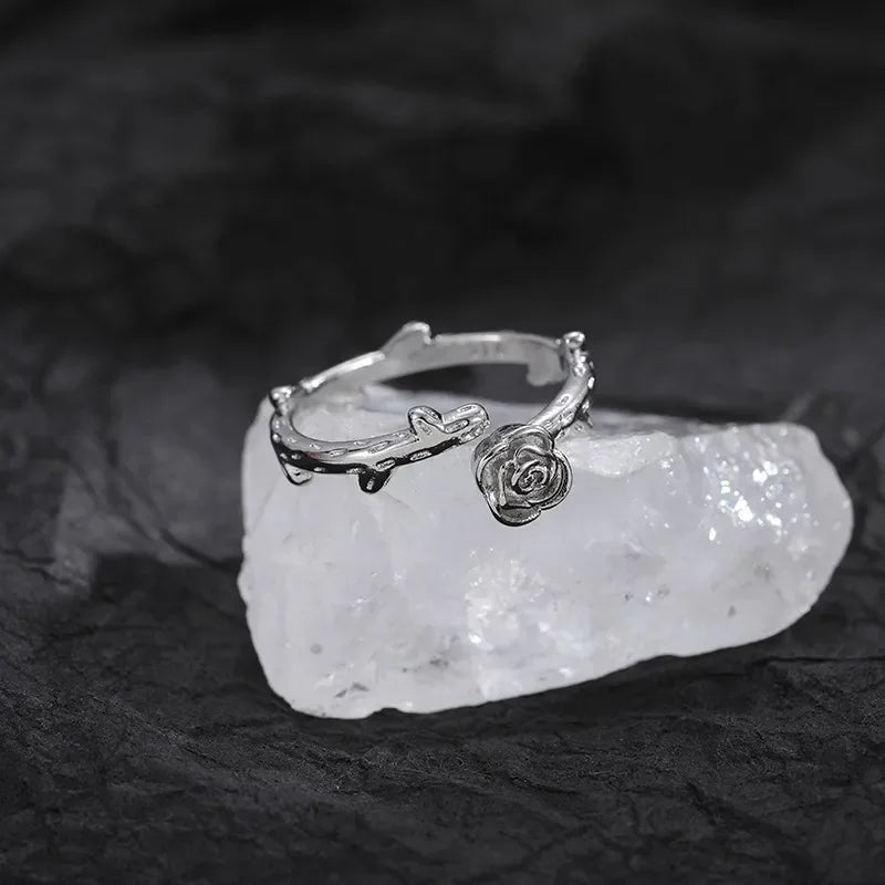 Fashion Goth Double Layer Rose Couple Rings for Men Women Retro Opening Stainless Steel Thorns Punk Finger Ring Jewelry Y2k Gift