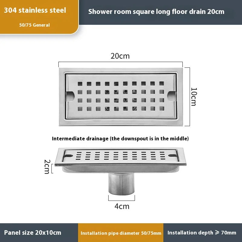 20-60cm Acier Inoxydable Carré Long Drain de Plancher Salle de Bain Égout Rectangulaire Drain de Plancher Grand Débit Drainage de Salle de Bain