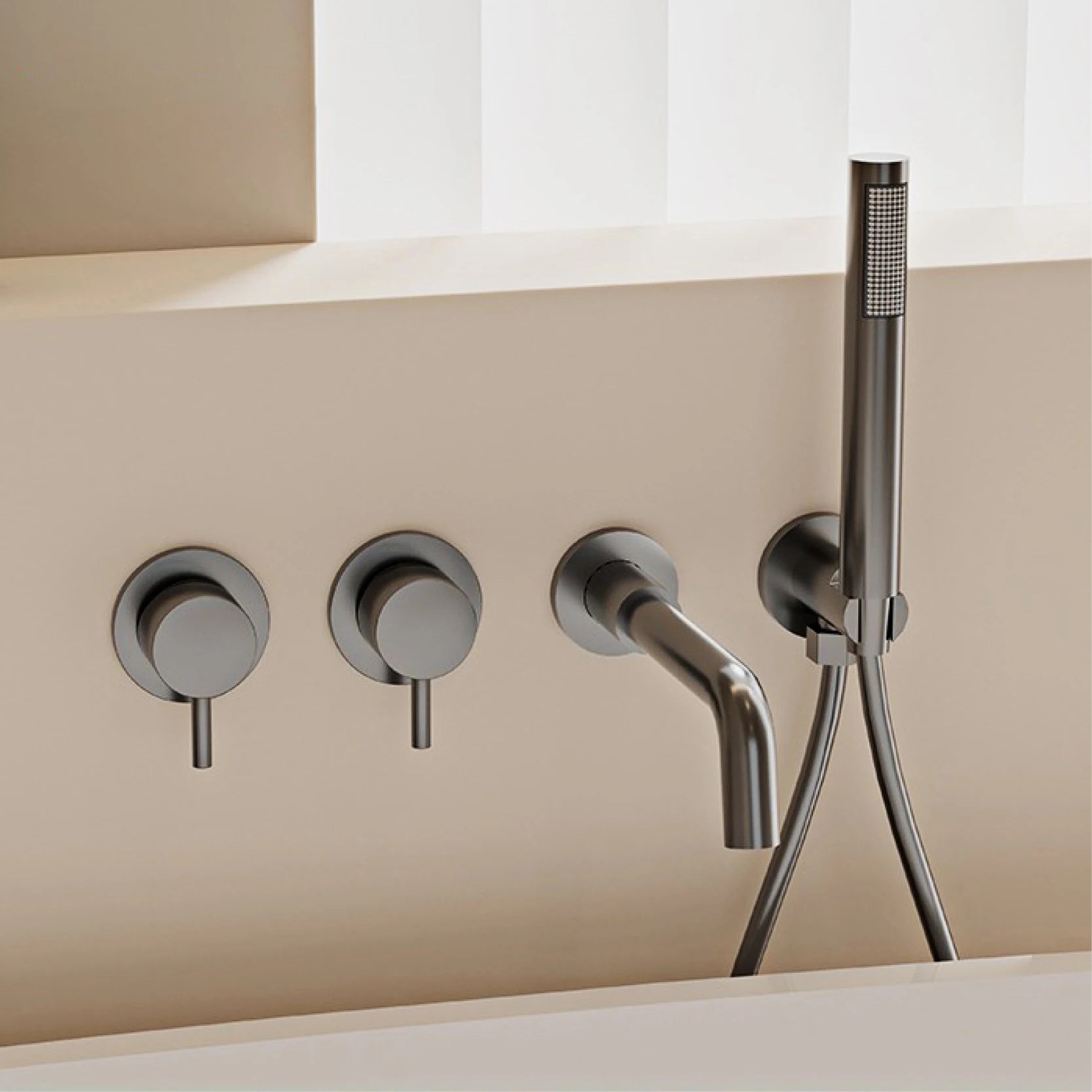 Mélangeur de Douche Mural Baignoire Minimaliste en Laiton Gris Anthracite avec Deux Poignées pour Eau Chaude et Froide, Double Fonction