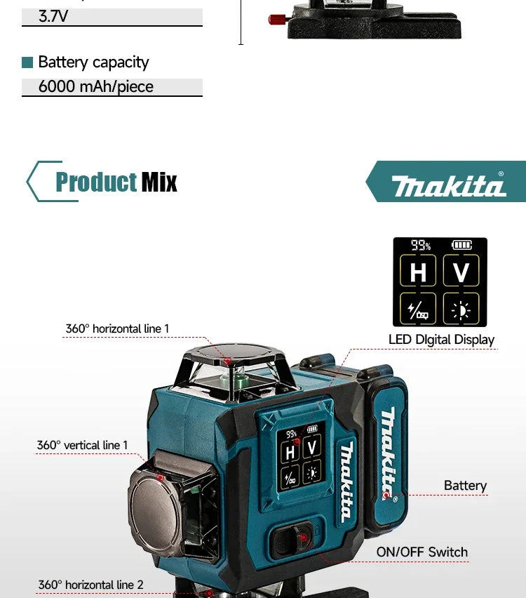 Makita Digital Laser Level 360-Degree X4 16-Line Self-Levelling Outdoor Vertical Cross-Line Tool for Precision Measurement