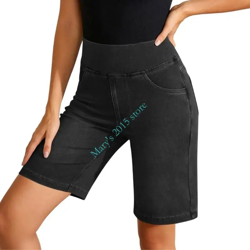 Women's Fit Stretch Jeans Shorts With Pockets Comfortable Casual High Waist Jeans Trousers Half Length For Daily Wear