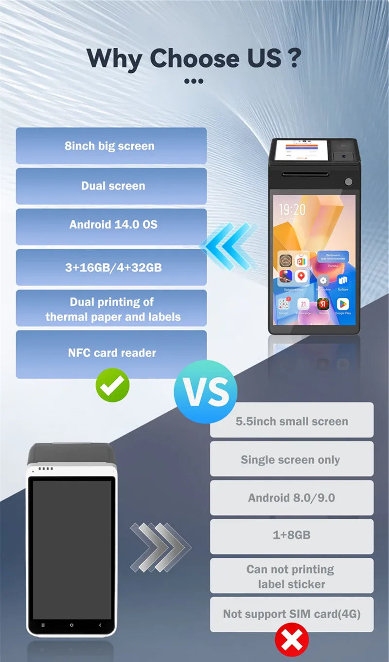 Z108 Android 14 Dual-Screen Desktop Tablet Cash Register with 8" Touch Display NFC Scanner 58/80mm Thermal Printer POS Terminal
