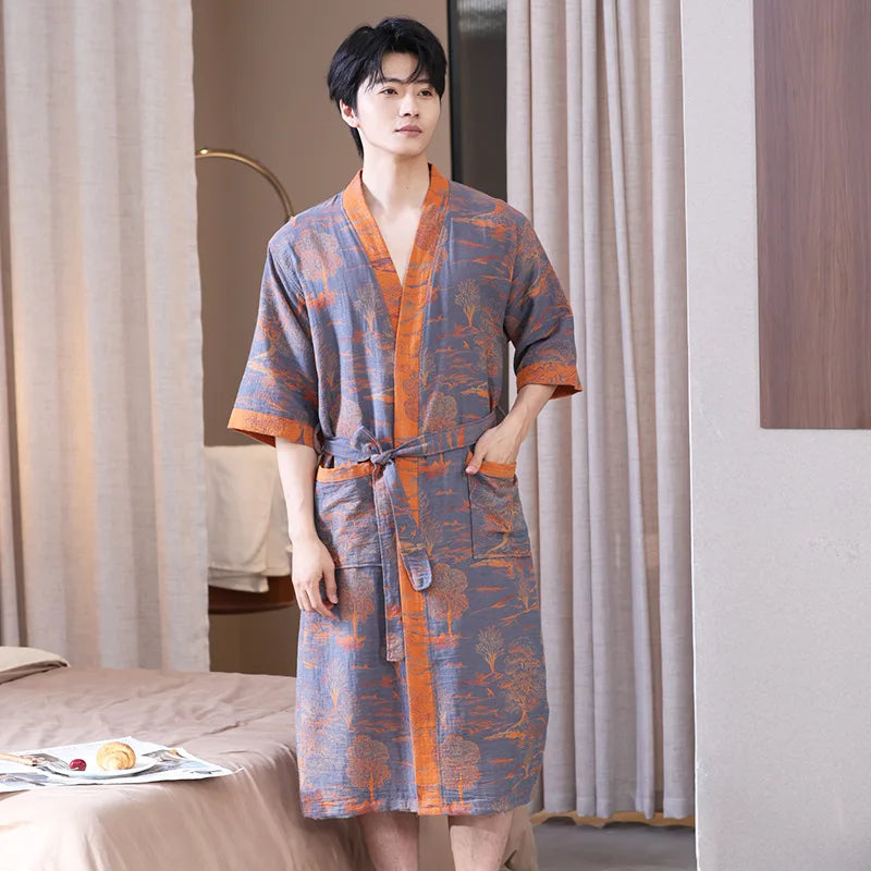 Spring and Summer Thin Cotton Double-layer Bathrobe Pajamas Home Wear Ladies's Absorbent Quick Drying Yukata Robes