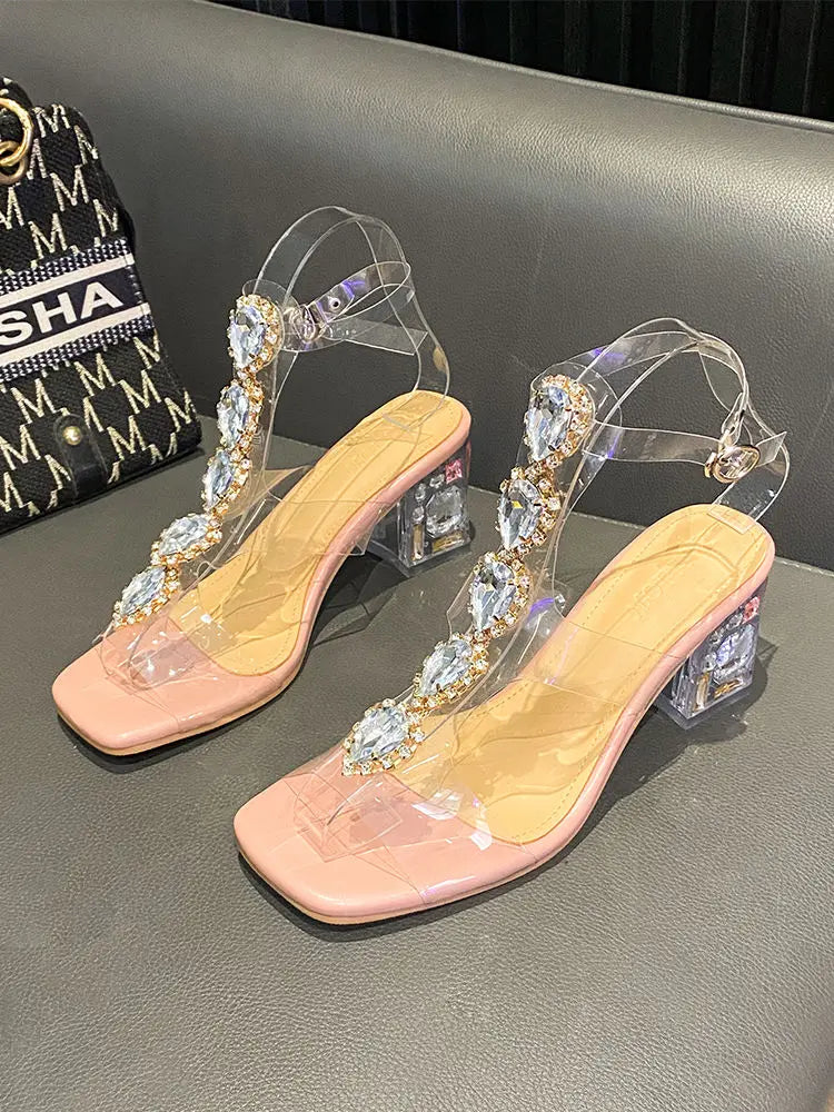 Plastic Sandal Block Heels 2022 Summer Sale Of Women's Shoes Suit Female Beige Buckle Strap All-Match Transparent Chunky Fashion