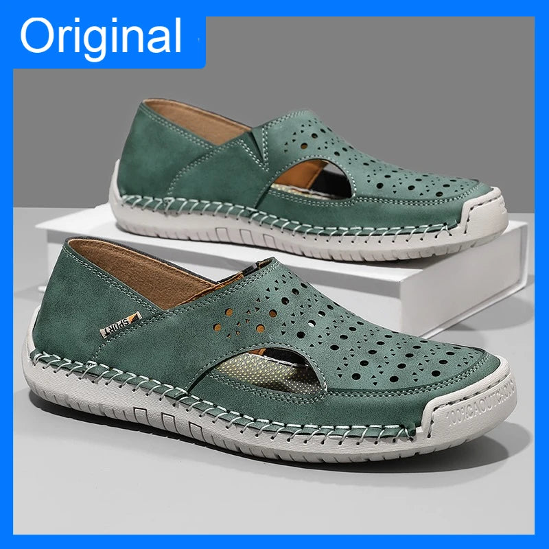 Unisex Sandals Hand Sewn Leather Hollow Out Outdoor Casual Shoes Comfortable Soft Summer Fashion Street Walking Shoes Women