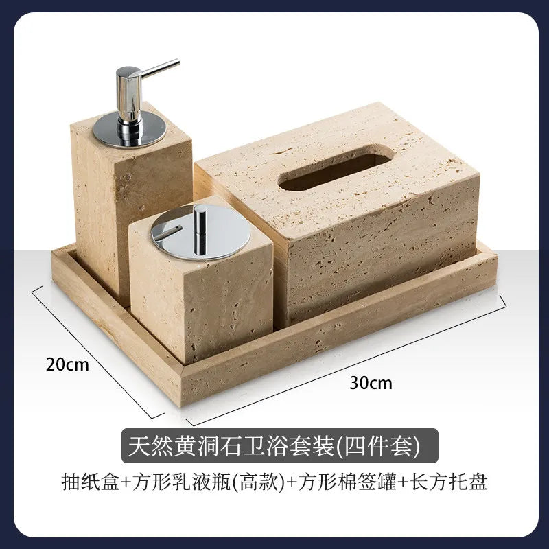 4Pcs Natural Travertine Bathroom Set Wabi Sabi Minimalist Soap Dispenser Tissue Box Luxury Hotel Show House Organizer Decor