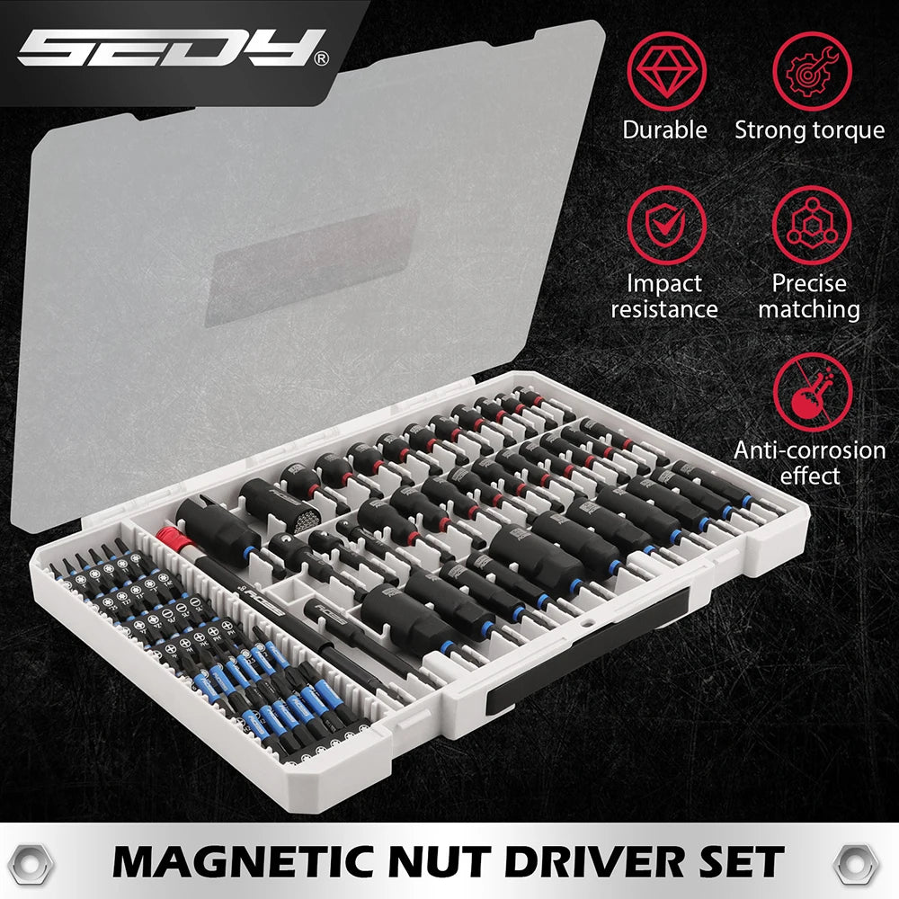 SEDY 80-Piece Premium Magnetic Impact Nut Driver Set Metric & SAE with Socket Adapters, Bit Holder, Wing Nut Driver, Power Bits
