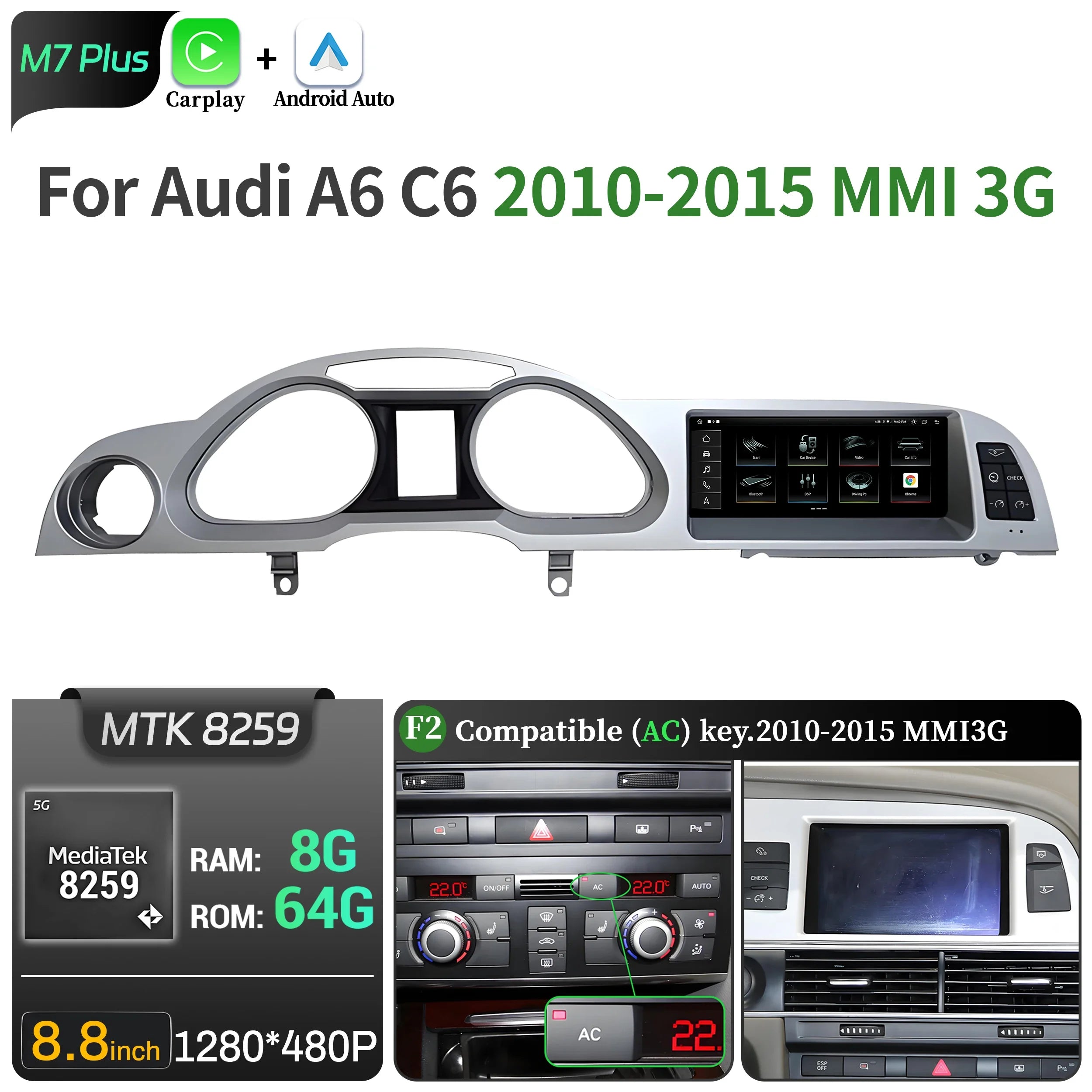 8.8 inch Left Hand Drive Android 14 For Audi A6 C6 2005-2011 Car Radio Wireless BT Carplay Qualcomm Snapdragon 680 Touch Screen