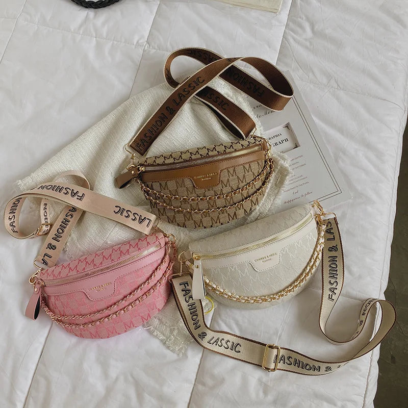 Sac banane en tissu écossais imprimé pour femme, sac de taille à chaîne tendance, sac banane pour femme, sac à bandoulière à large sangle pour femme