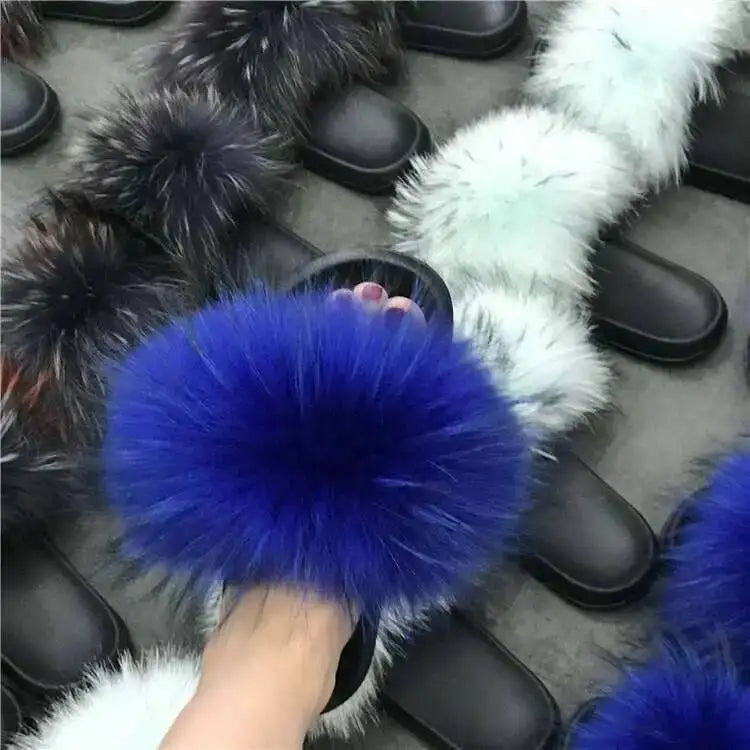 Real Raccoon Fur Slippers For Women 2023 Summer Fluffy Indoor House Fuzzy Flat Slides Outdoor Fashion Beach Sandals Flip Flops