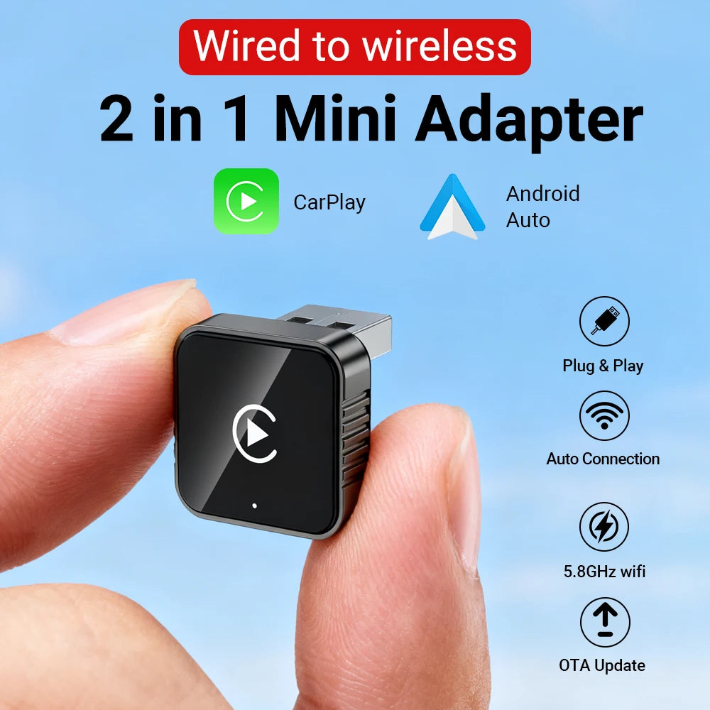 2026 NEW Upgraded Wired To Wireless Carplay Android Auto 2In1 Adapter Car Gadget Smart Box Plug and Play 5Ghz Wifi Fast Connect