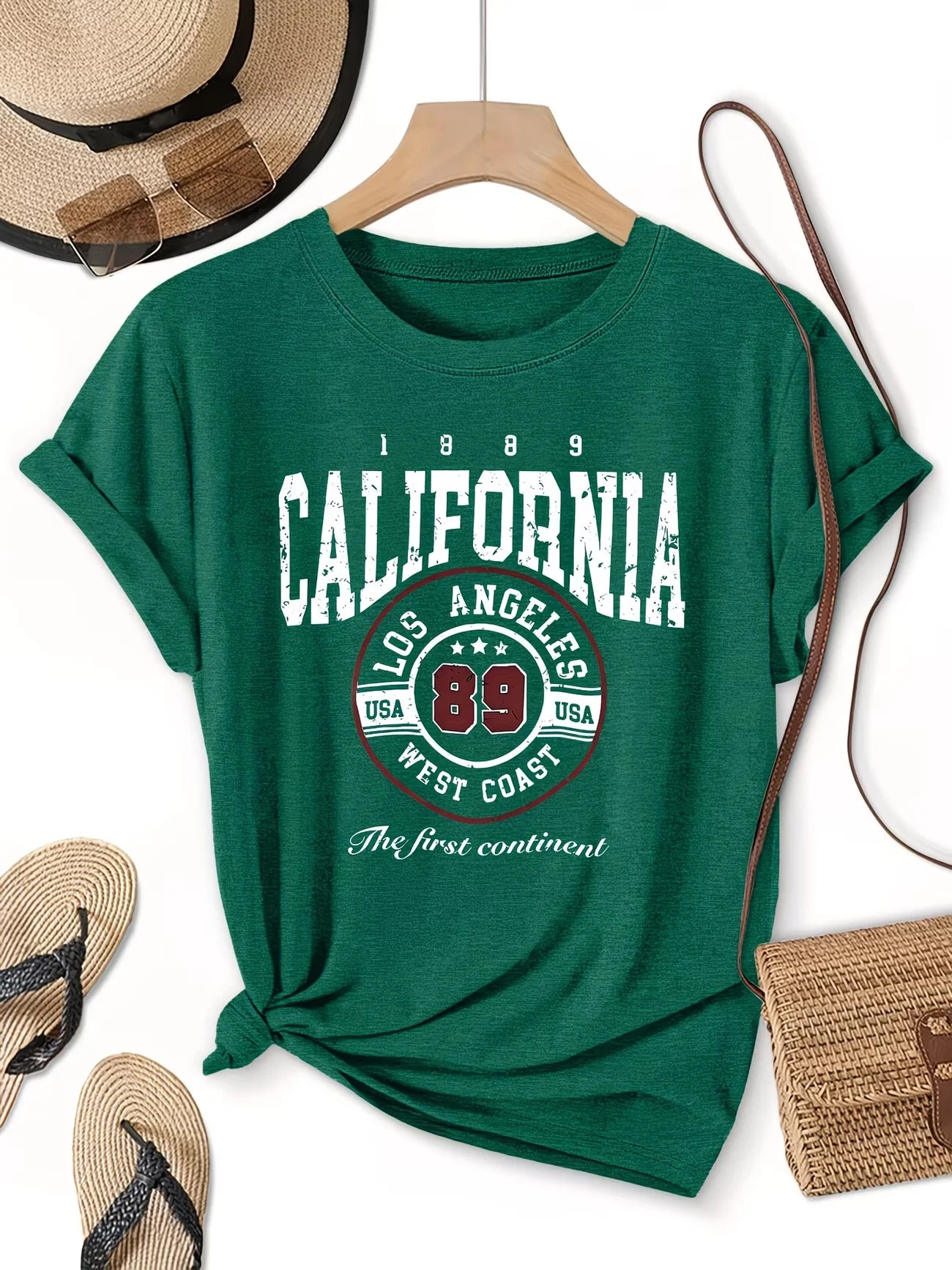 Col rond Manches courtes Style rétro américain Californie Los Angeles 89 Lettre Imprimé T-shirt Tenues décontractées pour femmes