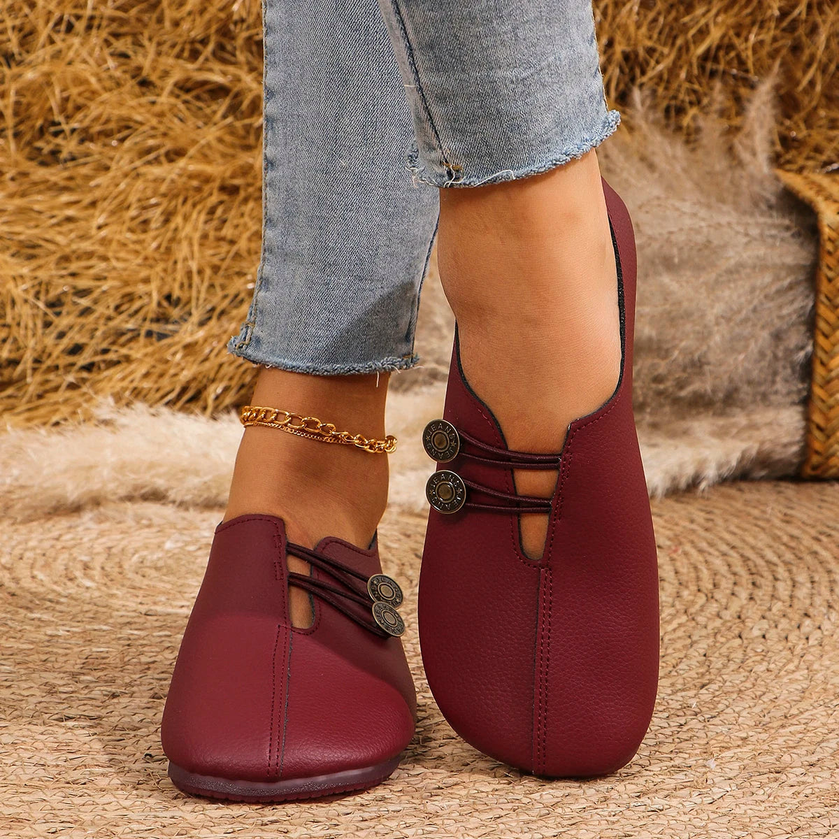 Women's Slip-On Soft Leather Loafers, Elastic Strap with Metal Buttons, Casual Flat Shoes for All Seasons
