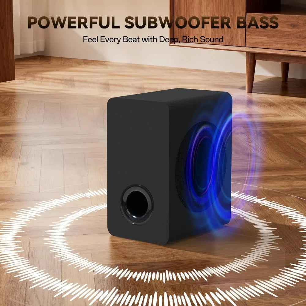 Barre de son sans fil avec caisson de basses, home cinéma 2.1 canaux, HDMI ARC optique USB, fixation murale, 3 modes EQ pour TV PC Gaming