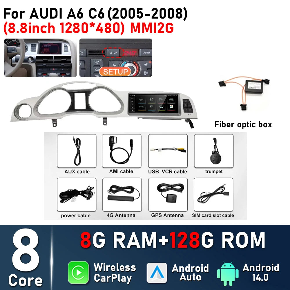 8.8inch Android 14 For Audi A6 C6 2005 - 2008 MMI 2G 2009 - 2011 MMI3G Car Radio Multimedia Player Navigation GPS Stereo CarPlay