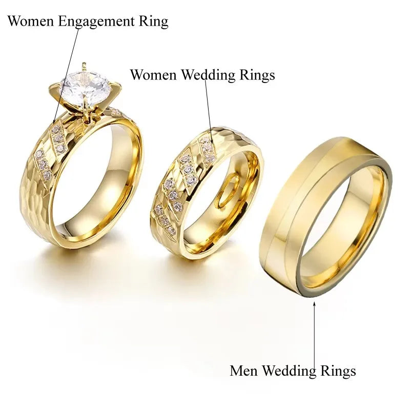 3pcs Matte Titanium Jewelry Italian Women 24k Gold Plated Ring Cz Diamond Ring Marriage Wedding Proposals Bridal Sets Couples