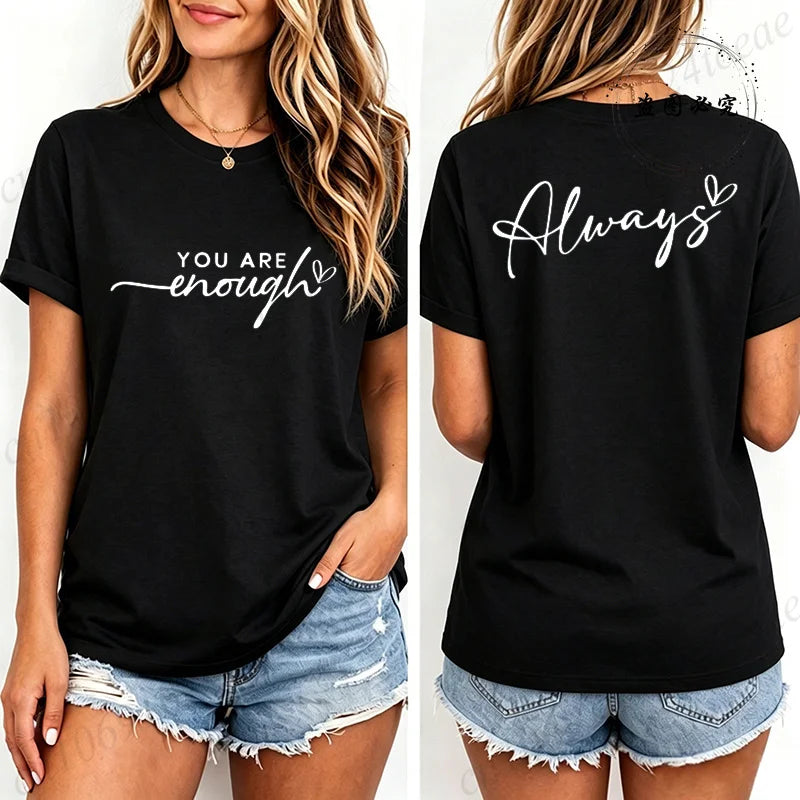 Fashion Women T Shirts You Are Enough Print Short Sleeve T-Shirt Motivational Quote Aesthetic Tee T-Shirts Inspirational Shirts