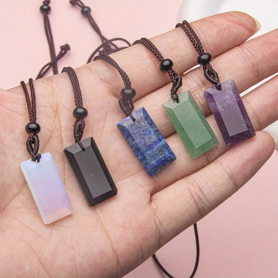 Natrual crystal stone gemstone agate hand-made Rectangular adjustable pendant necklace for women and men Stone Pendant Necklace