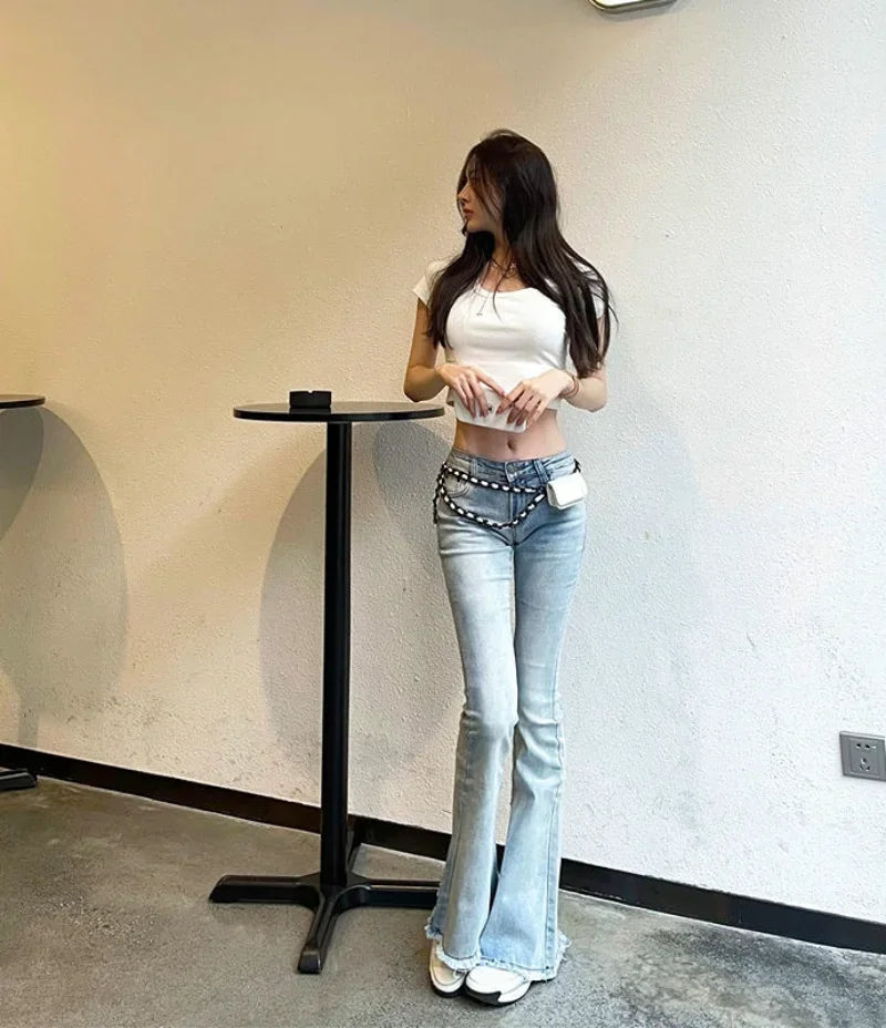 Pantalon patte d'éléphant taille basse pour femme, pantalon bleu, jean skinny, coupe évasée, coupe ajustée, baggy, élégant, pantalon d'été A