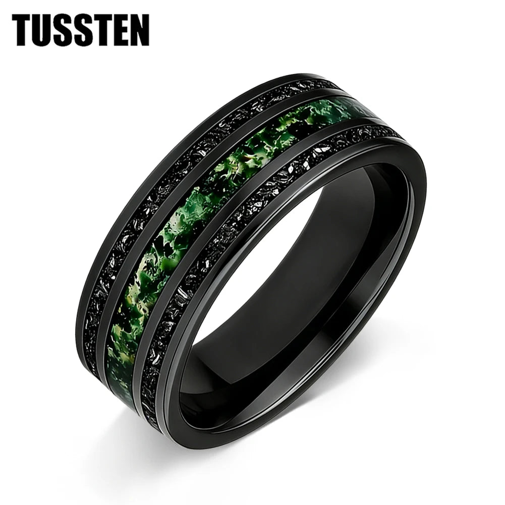 TUSSTEN 8MM Men's and Women's Wedding Tungsten Ring Inlaid Moss Agate And Meteorolite Inlay Comfortable Fit