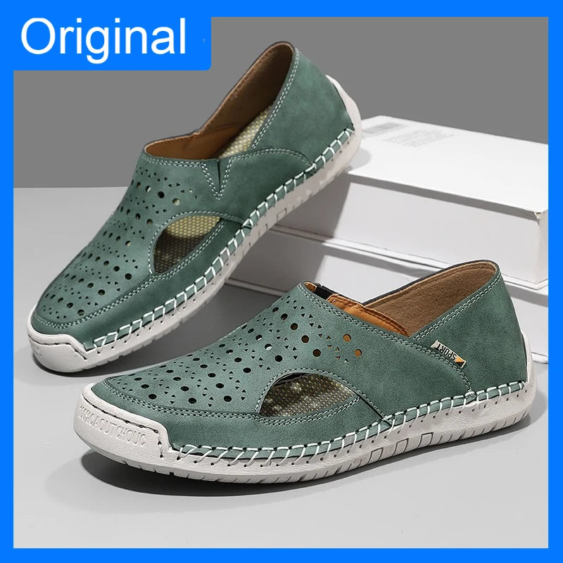 Unisex Sandals Hand Sewn Leather Hollow Out Outdoor Casual Shoes Comfortable Soft Summer Fashion Street Walking Shoes Women