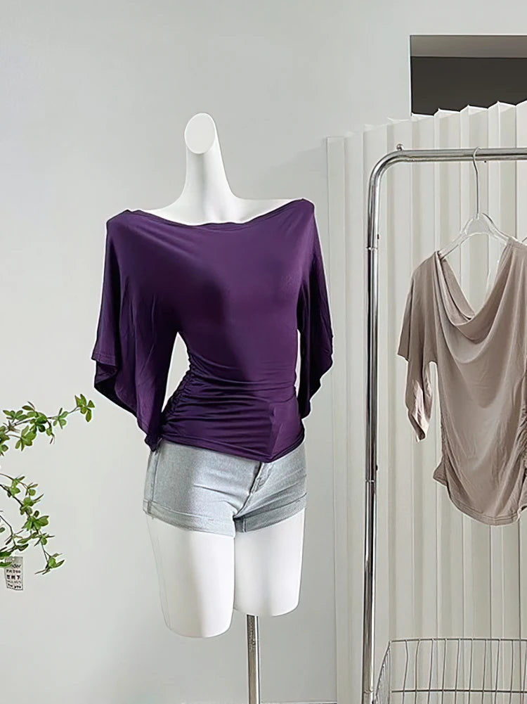 T-shirt d'été sexy à épaules dénudées pour femme, élégant, manches chauve-souris courtes, col bénitier, hauts coréens chics, t-shirt moulant pour femme 2025 nouveau