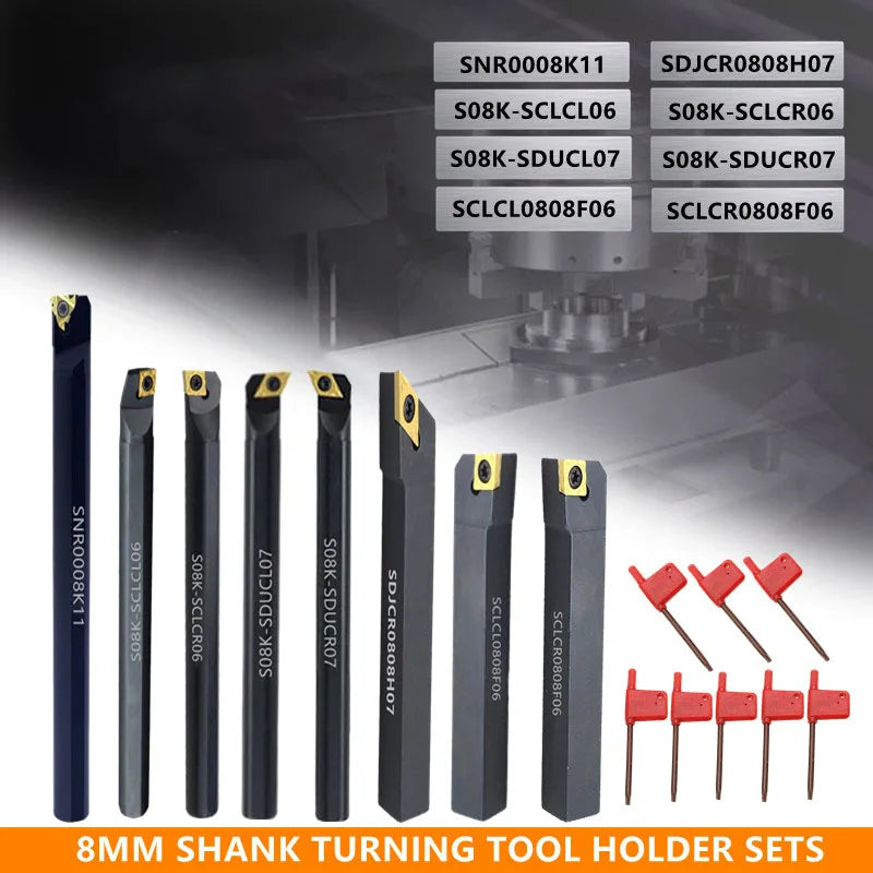 8Sets of 8MM 10MM 12MM 16MM CNC Lathe Turning Tool Holder Boring Bar with Applicable Inserts Wrenches Set for Turning Threading
