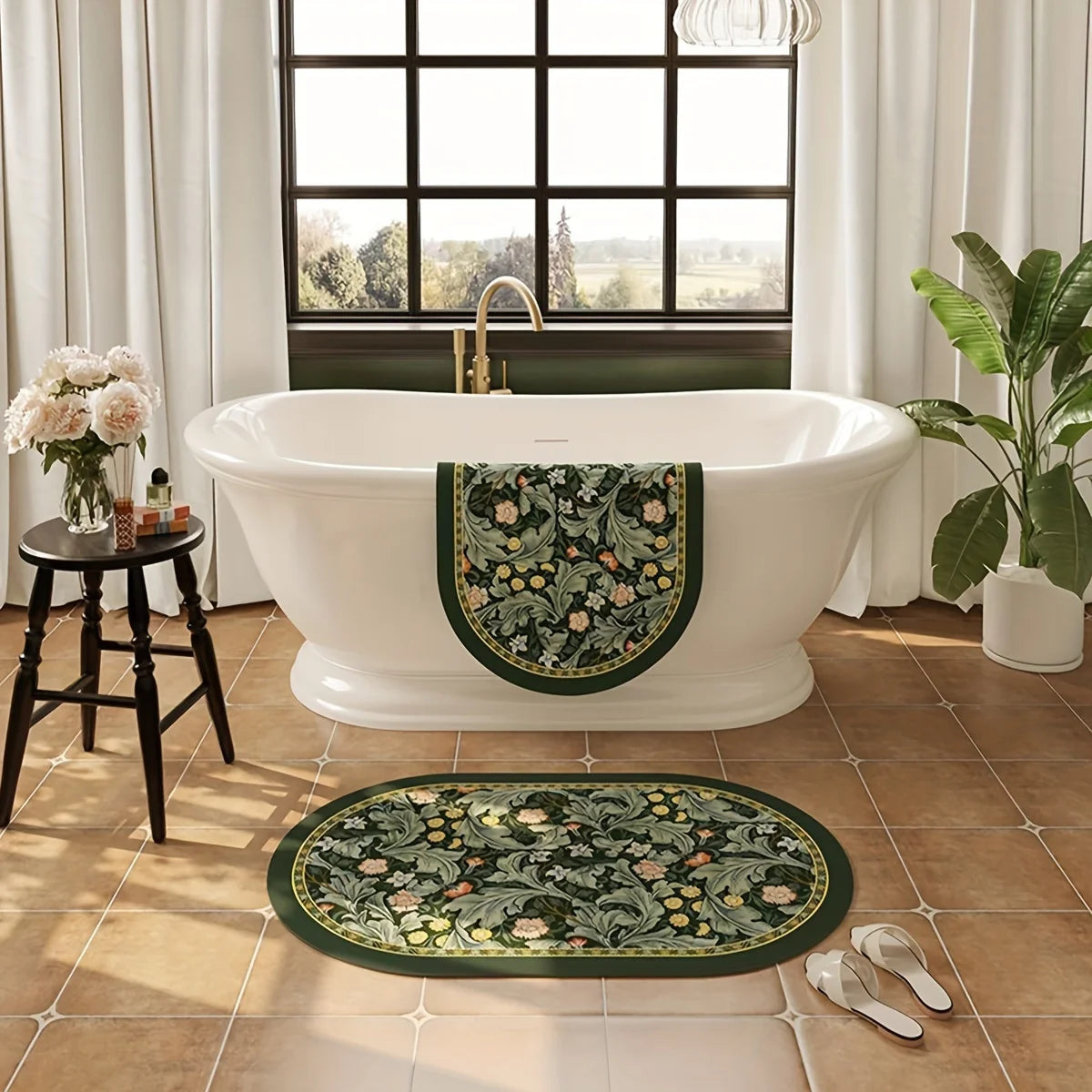 VIKAMA French Retro Printed Bathroom Diatom Mud Carpet Quick Suction Anti Slip Washable Bath Front Handwashing Platform Mat