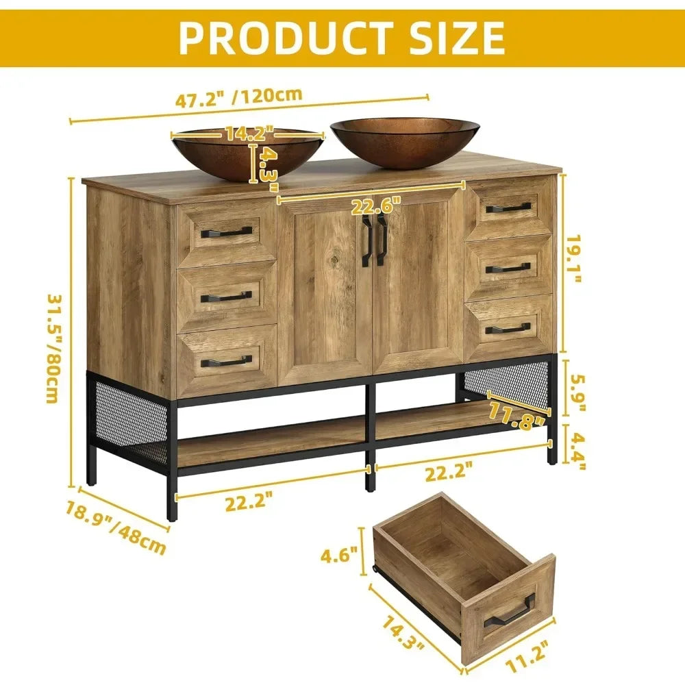 For 48" Double Bathroom Vanity, with Double Sink and Drawers Side Cabinet Combo Set & Shelf,Boat Tempered Glass Vessel Sink